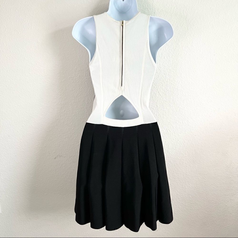 Parker Black White Colorblock Stretch Knit Pleated Open Back Fit & Flare Dress - Picture 2 of 8